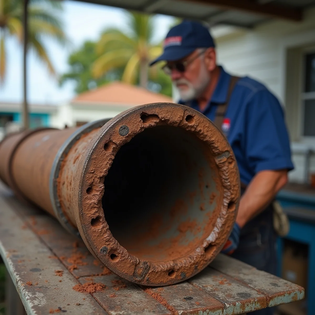 Corroded cast iron drain pipe with interior channeling cut open in an older Florida home