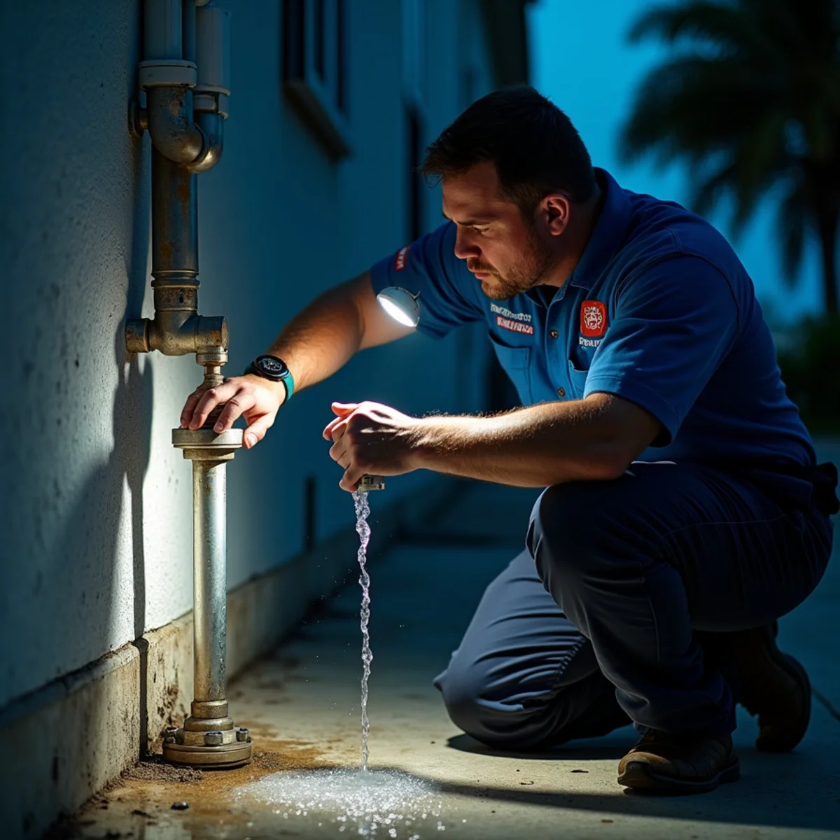 Emergency plumber responding to a burst pipe at night in a Tarpon Springs, FL home