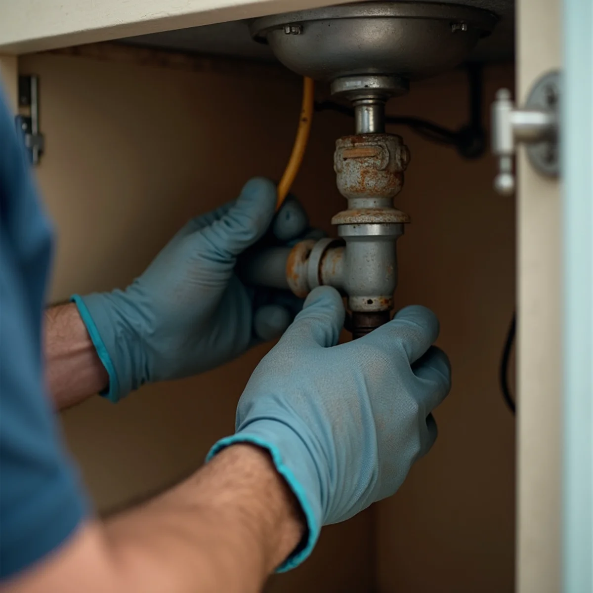 Plumber inspecting cast iron and polybutylene pipes in an older Tarpon Springs, FL home