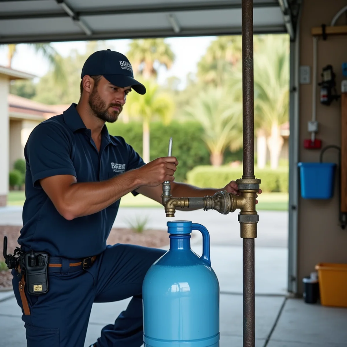 Homeowner testing a main water shut-off valve while preparing a North Pinellas home for hurricane season