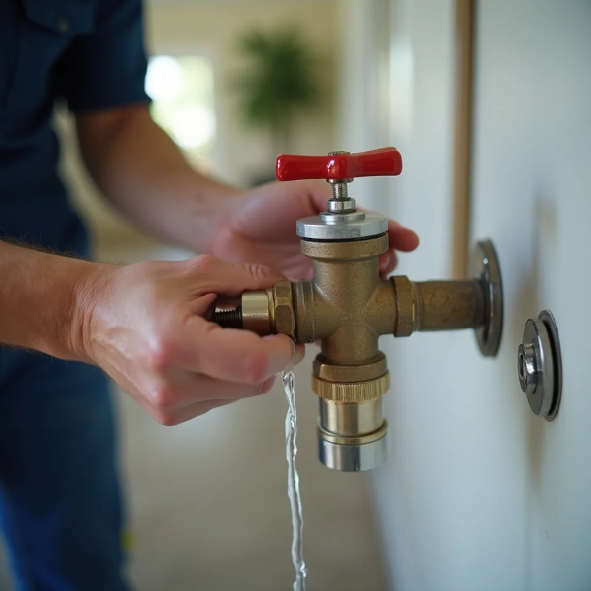 Homeowner shutting off a water main valve during a plumbing emergency in a Tarpon Springs home