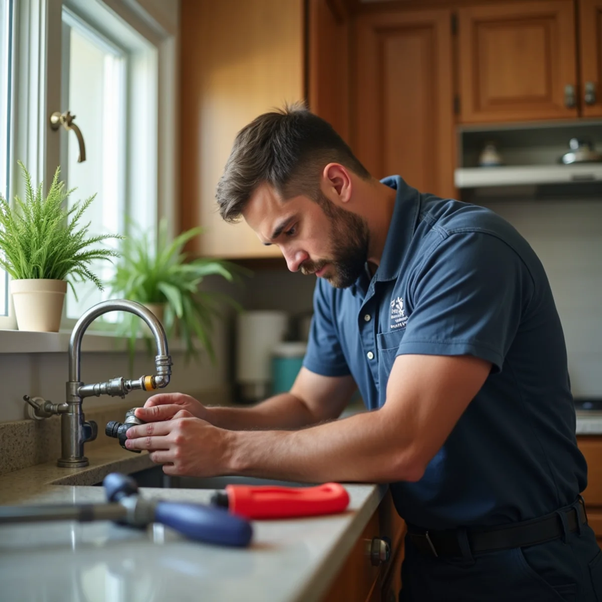 Licensed plumber repairing a pipe under a sink in a Tarpon Springs, FL home
