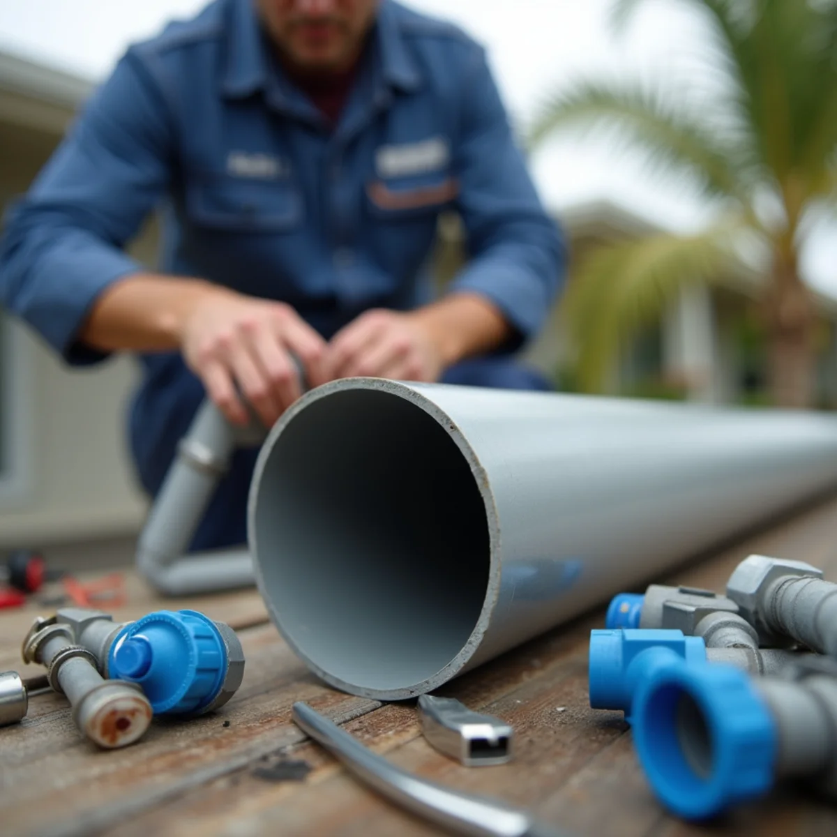 Grey-blue polybutylene water pipe exposed in a Pinellas County home during a repipe