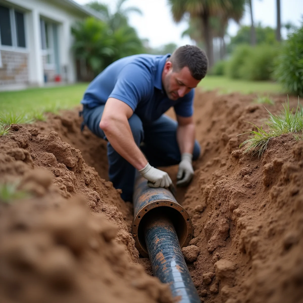 Red Eagle Plumbers plumber performing sewer line repair in a Tarpon Springs, FL home