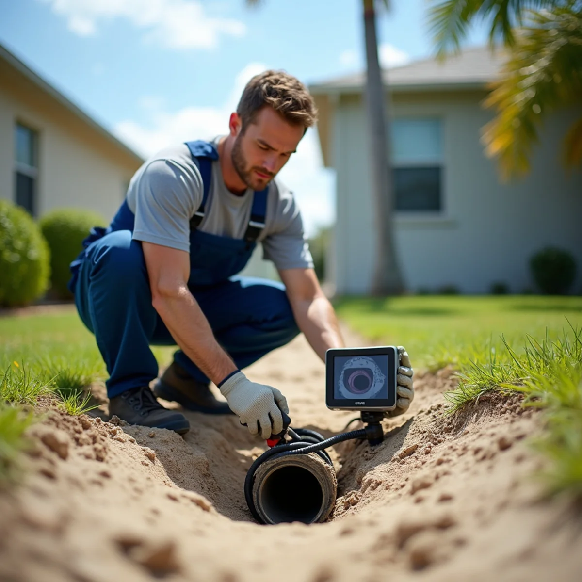 Plumber running a sewer camera inspection of an underground line at a Tarpon Springs, FL home