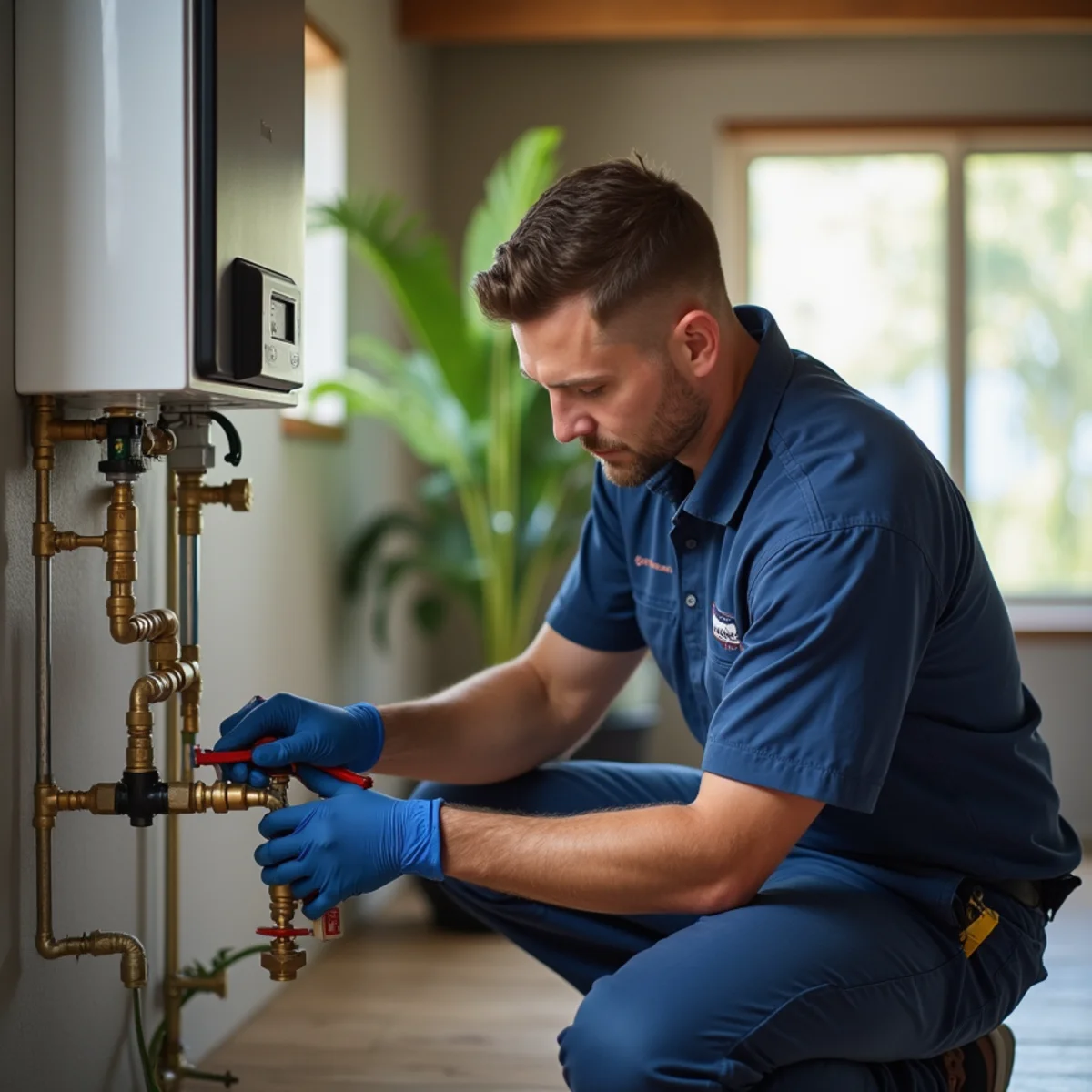 Red Eagle Plumbers plumber performing water heater repair in a Tarpon Springs, FL home