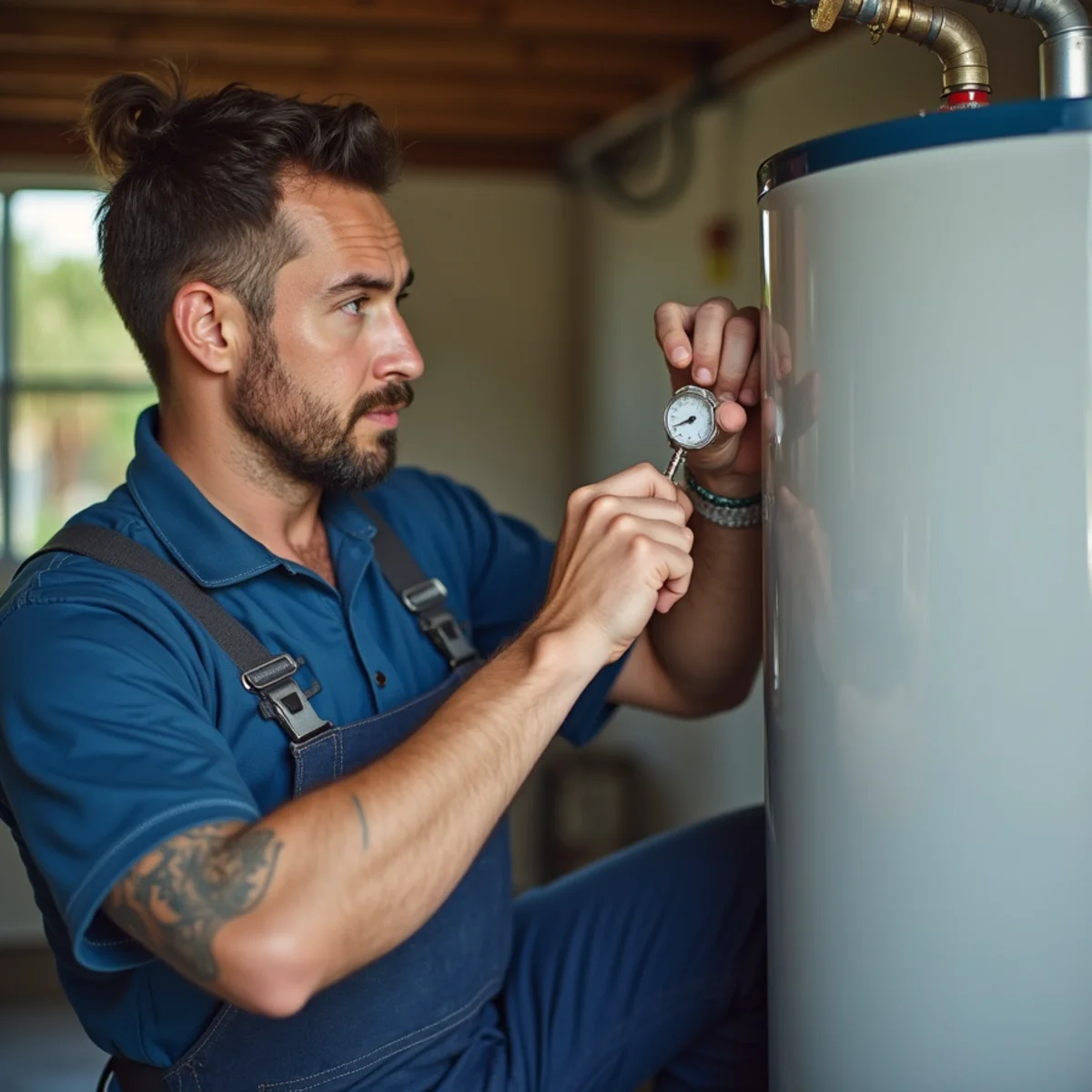 Plumber inspecting a residential water heater in a Tarpon Springs, FL garage